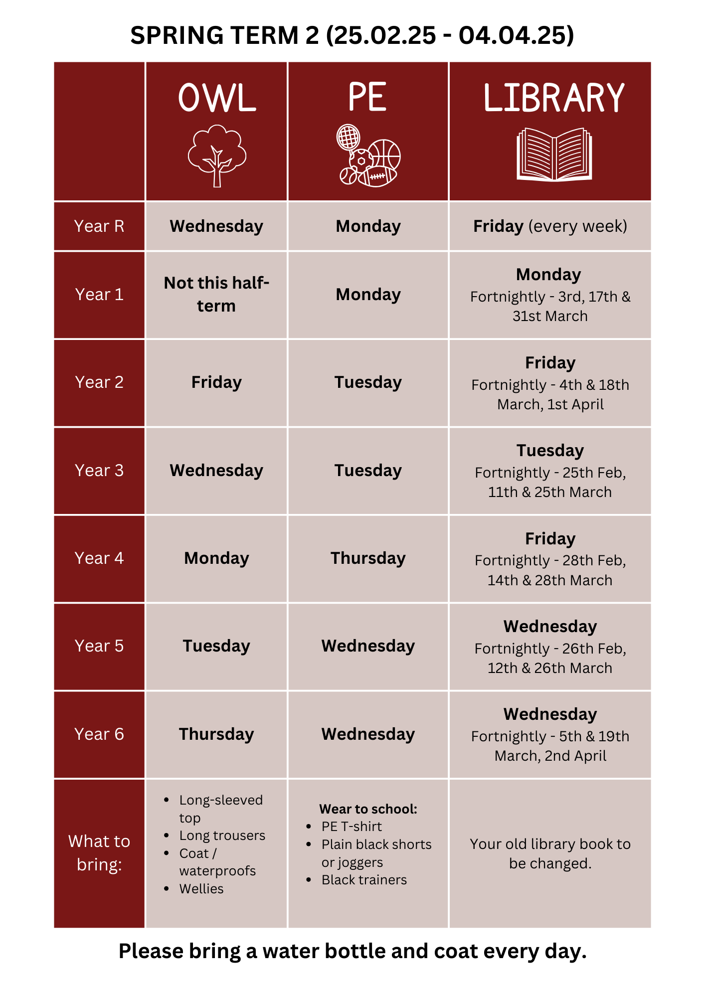 Timetable for OWL/PE/Library